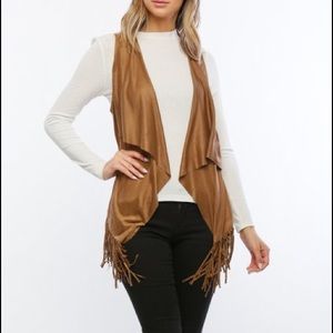 Timing S/M Fringe-Trim Faux Suede Waterfall Vest
